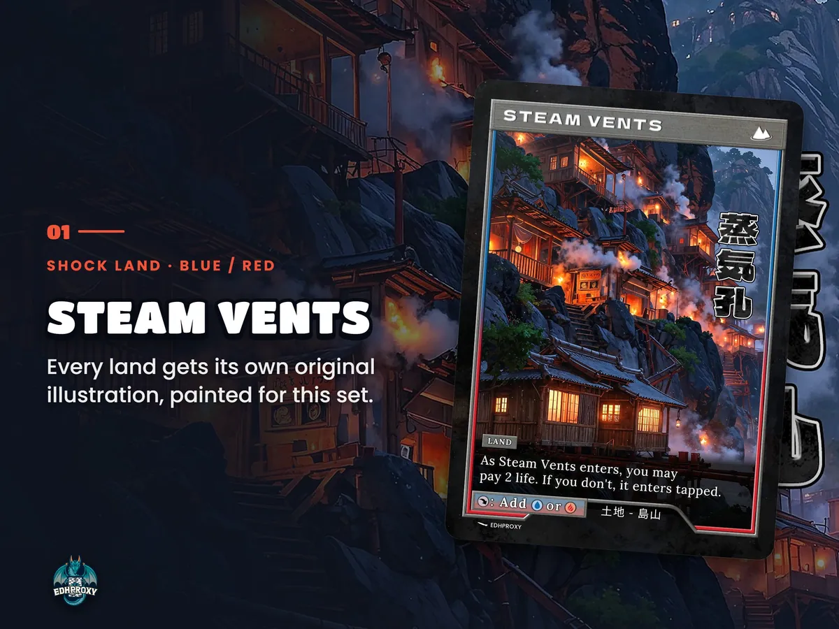 Spotlight: Steam Vents proxy land card, original art up close, blue-red colour pair