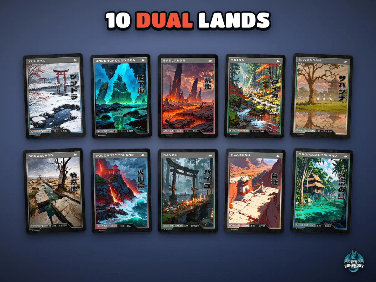 The 10 retro dual lands: Tundra, Underground Sea, Badlands, Taiga, Savannah, Scrubland, Volcanic Island, Bayou, Plateau, Tropical Island