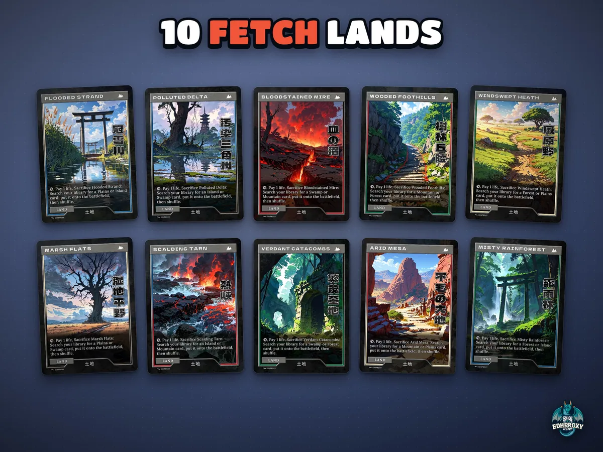 The 10 retro fetch lands: Flooded Strand, Polluted Delta, Bloodstained Mire, Wooded Foothills, Windswept Heath, Marsh Flats, Scalding Tarn, Verdant Catacombs, Arid Mesa, Misty Rainforest