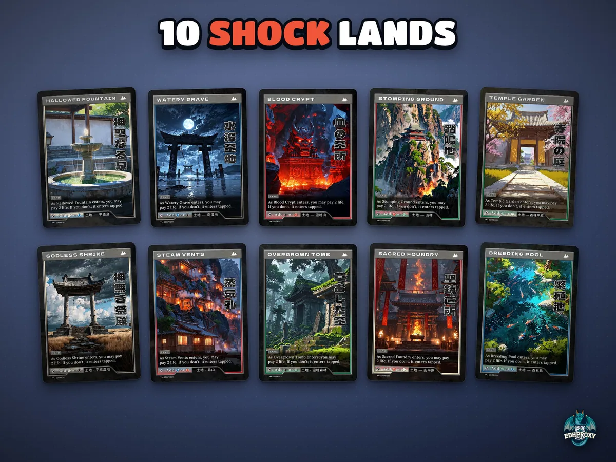 The 10 retro shock lands: Hallowed Fountain, Watery Grave, Blood Crypt, Stomping Ground, Temple Garden, Godless Shrine, Steam Vents, Overgrown Tomb, Sacred Foundry, Breeding Pool