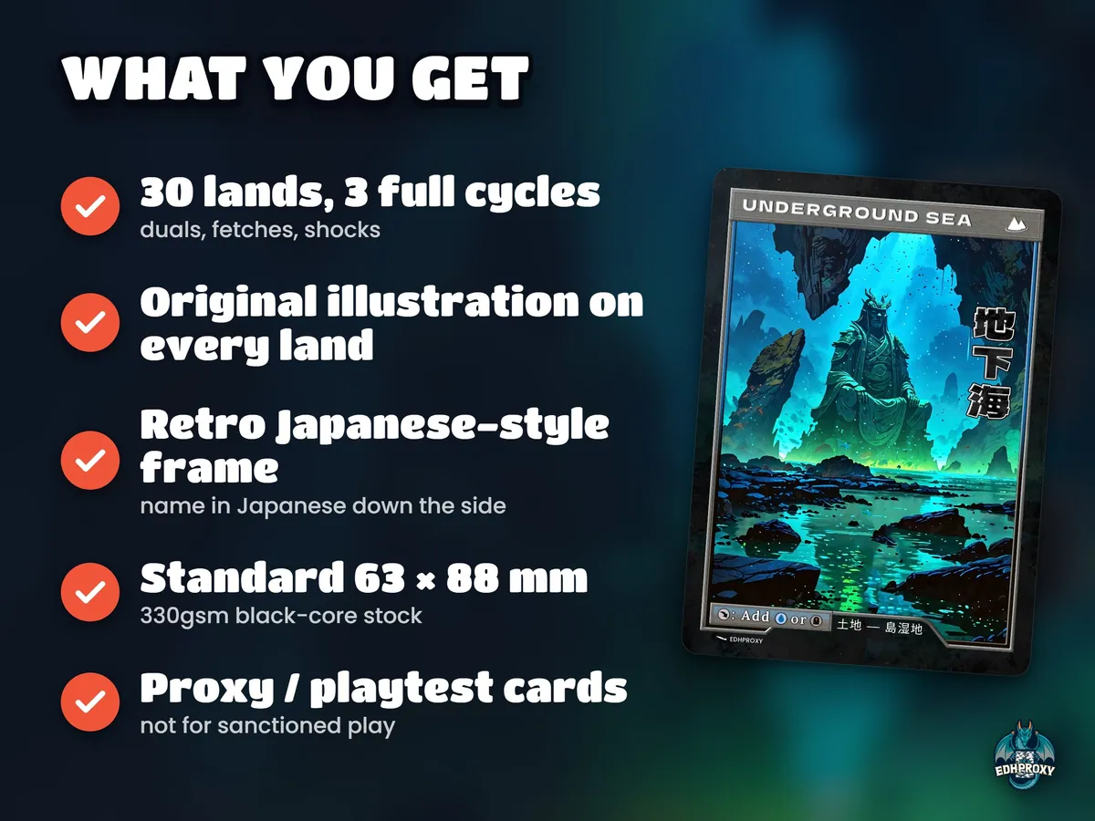 What you get: 30 land cards with original art, standard size, sleeve-ready