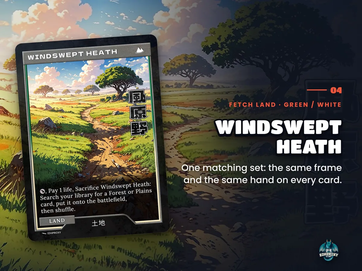 Spotlight: Windswept Heath proxy land card, original art up close, green-white colour pair
