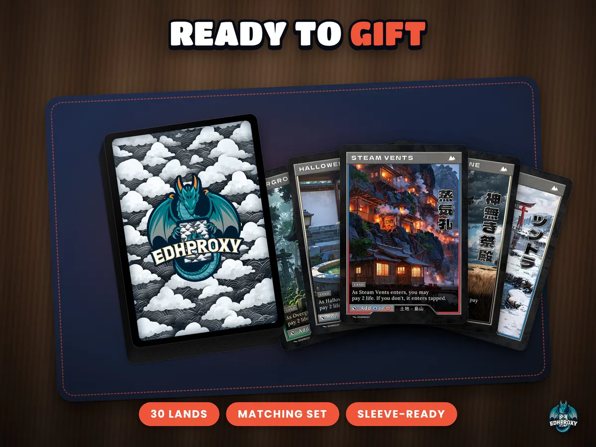 The Retro Japanese Lands as a gift for a Commander player, card stack with the EDHProxy back