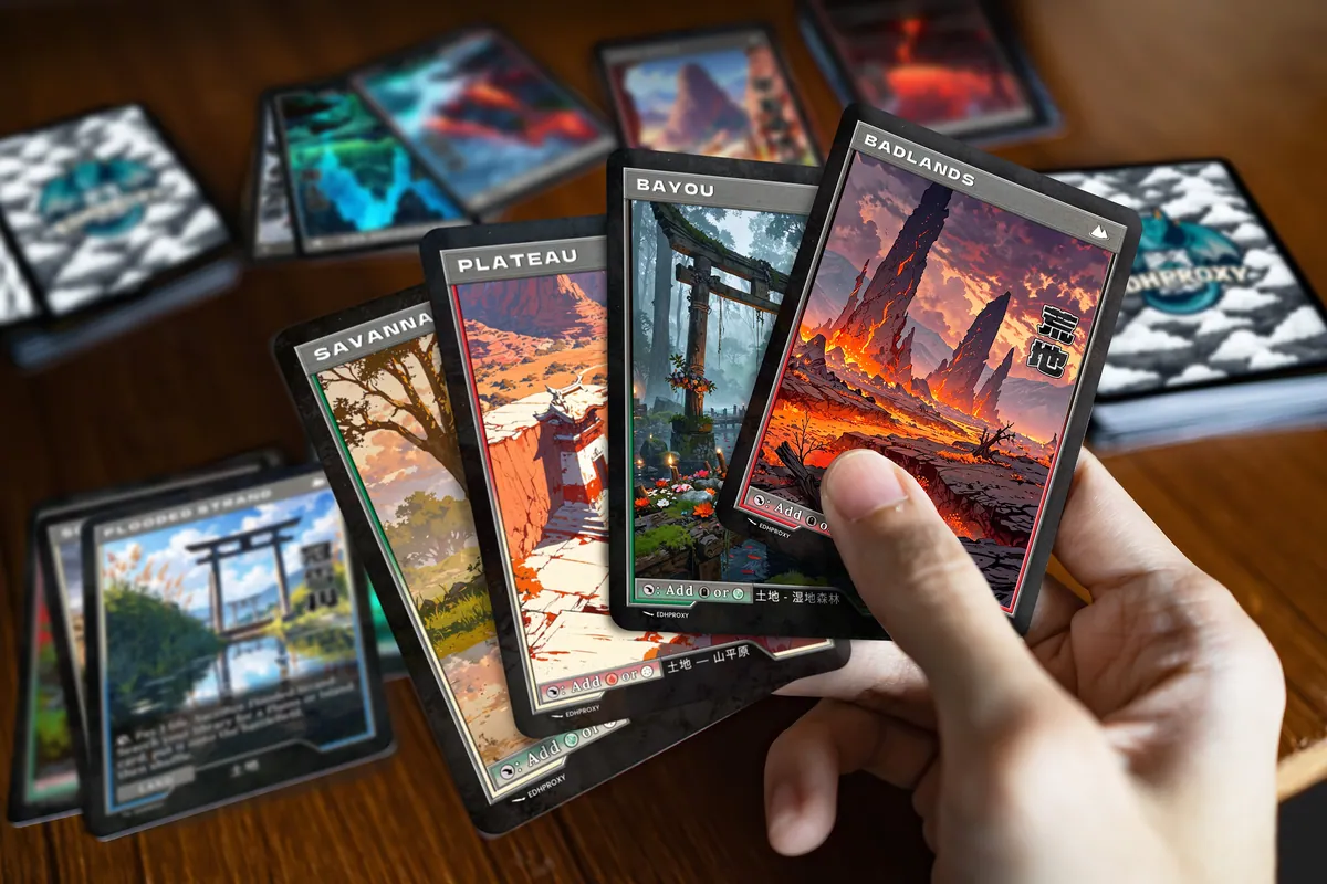 Printed Retro Japanese Lands cards in hand, showing real card size and finish